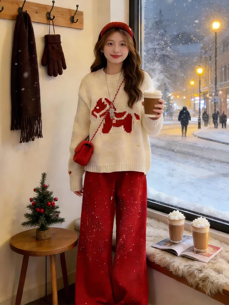 

Winter New Arrival White Sweater And Red Pants Set Casual Style Warm And Cozy Two-Piece Ensemble for Women