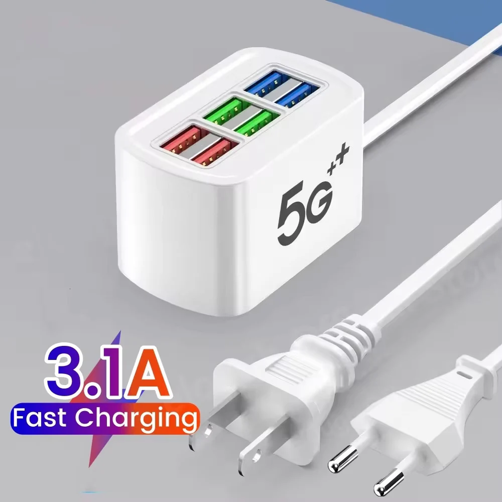 Desktop 6 in 1 USB Fast Charging Station Power Strip 1m Cable USB Hub Adapter Socket for iPhone 16 17 Samsung Xiaomi EU US Plug
