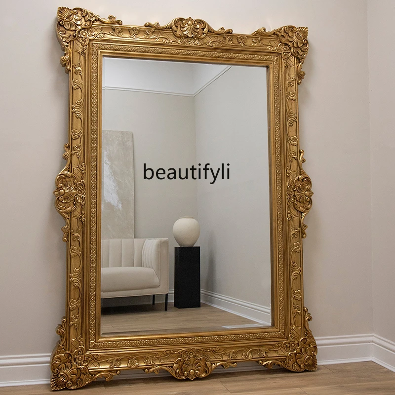 

European Style Mirror Full-Length Mirror Large Size Luxury Dressing Mirror Home Wall Vintage Engraving Floor