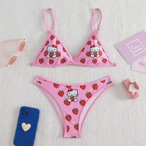 طقم بيكيني HelloKitty Sanrio ، كرتون لطيف ، Beach Y2K ، جانب ناعم ، سراويل دانتيل ، ملابس سباحة Kawaii ، هدية بناتي ، صيفي ، 2 قطعة أفضل 10 مبيعات بيكيني Hello Kitty - رقم 10
