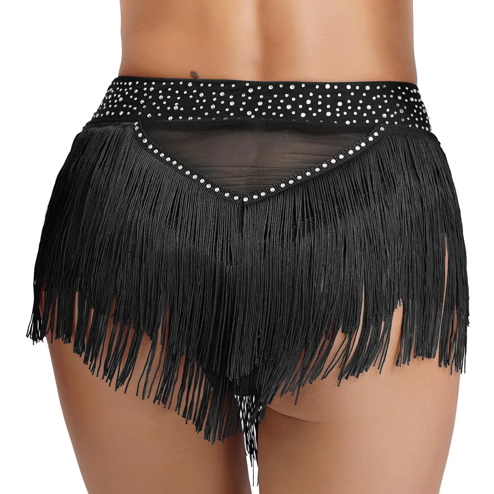 Womens Belly Dance Costume High Elastic See Through Mesh Shorts Bottoms Shiny Rhinestone Tassel Latin Jazz Samba Rumba Dancewear