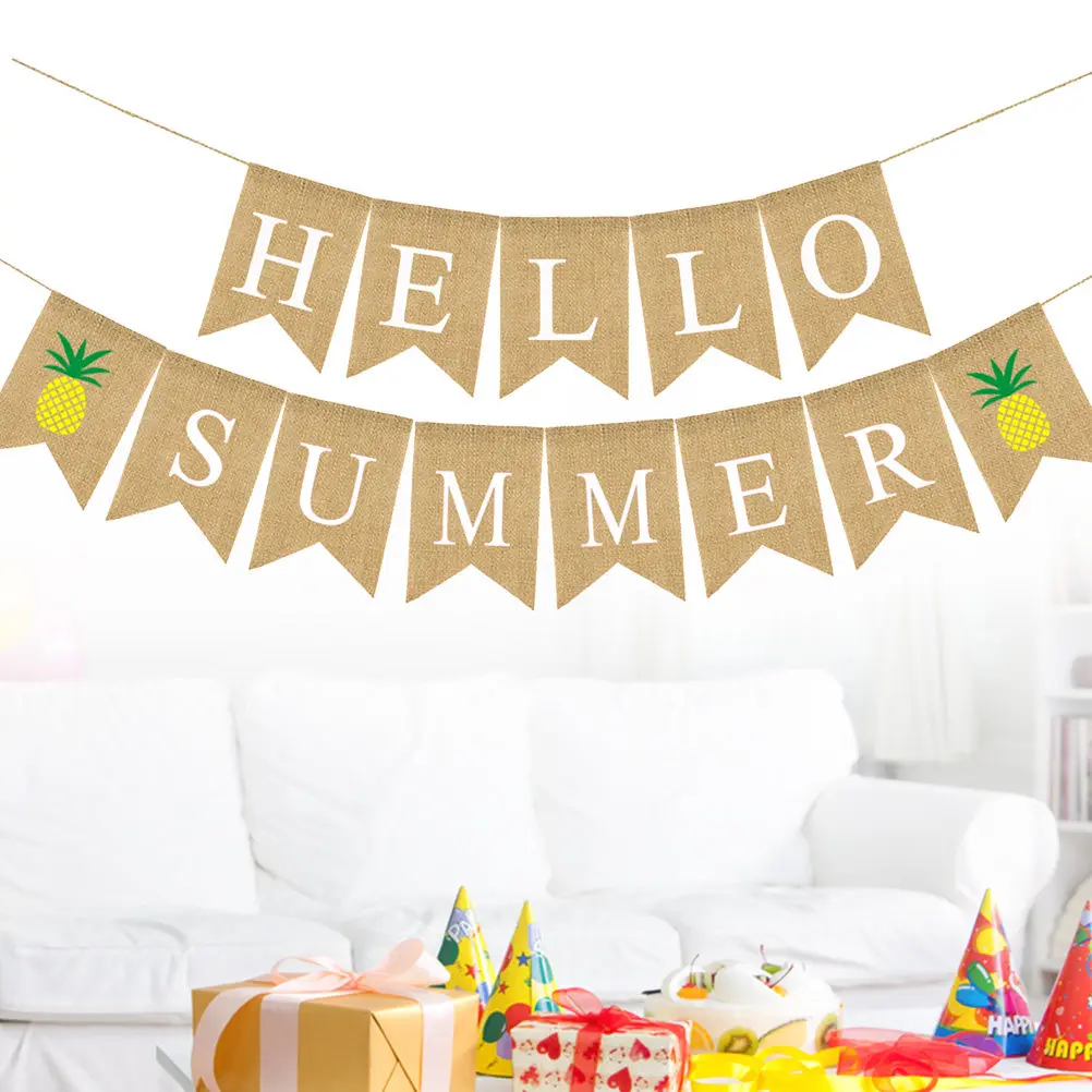 Linen Dovetail Pineapple Hello Summer Letters Garland Hawaii Party Decoration Banner Summer Supplies Hawaii Banner