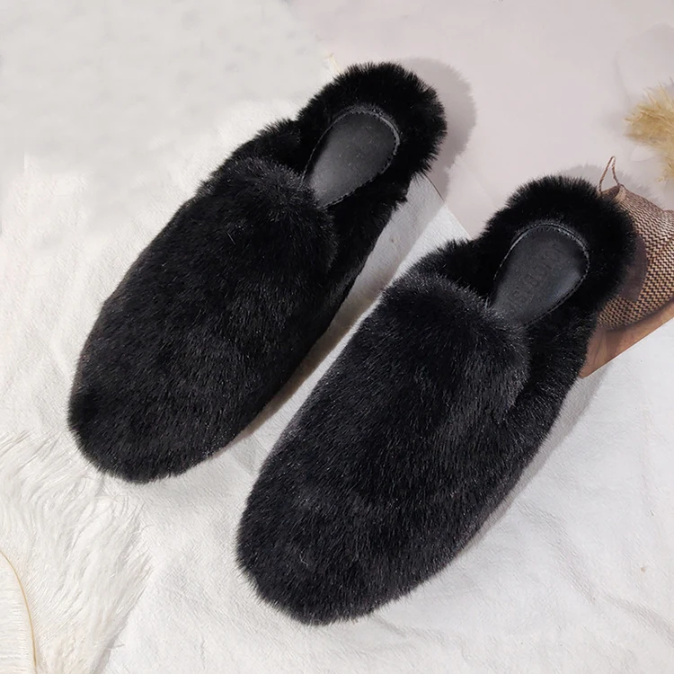 Fashion Winter Warm Fluffy Faux Mink Mules Flat Slides Closed Toe Loafers Indoor Outdoor Fur Slippers for Women