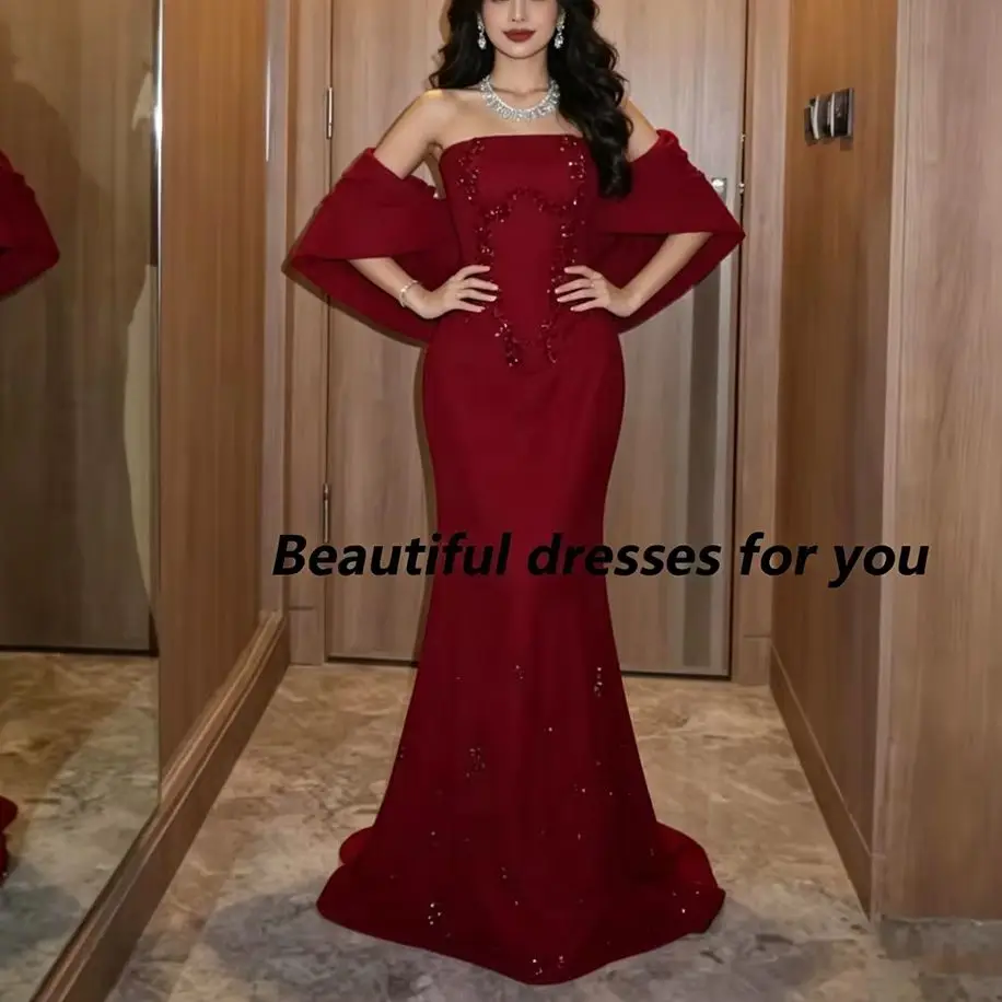 

Модное красное вечернее платье на заказ, без бретелек, с кристаллами и пайетками, фасон «русалка», в пол, в арабском стиле, для выпускного вечера, танцев и вечеринок