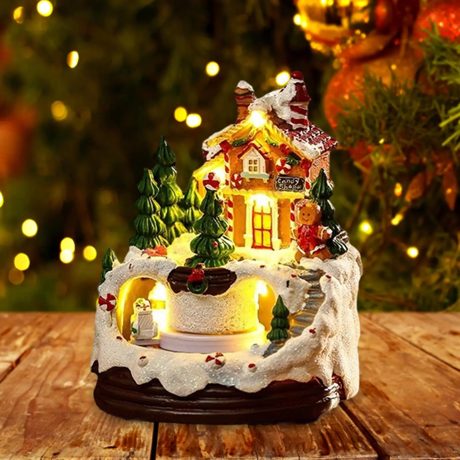 Christmas Figurines Resin Decorative Winter Village House with Lights Music