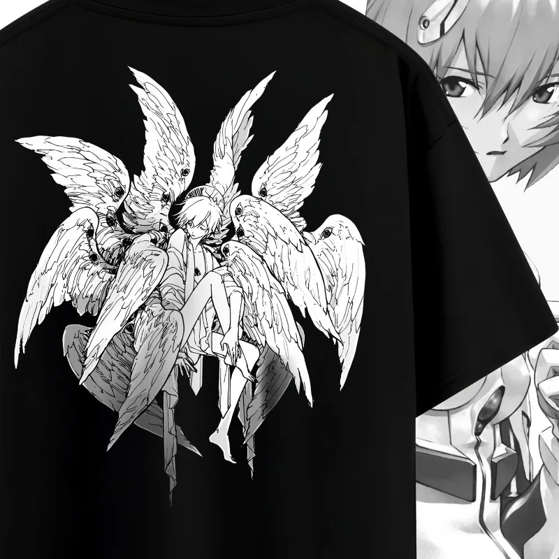 Neon Genesis Evangelion Angel Double Sided Print T-shirt, Black Oversized Anime Tee, Manga Line Art Graphic Short Sleeve