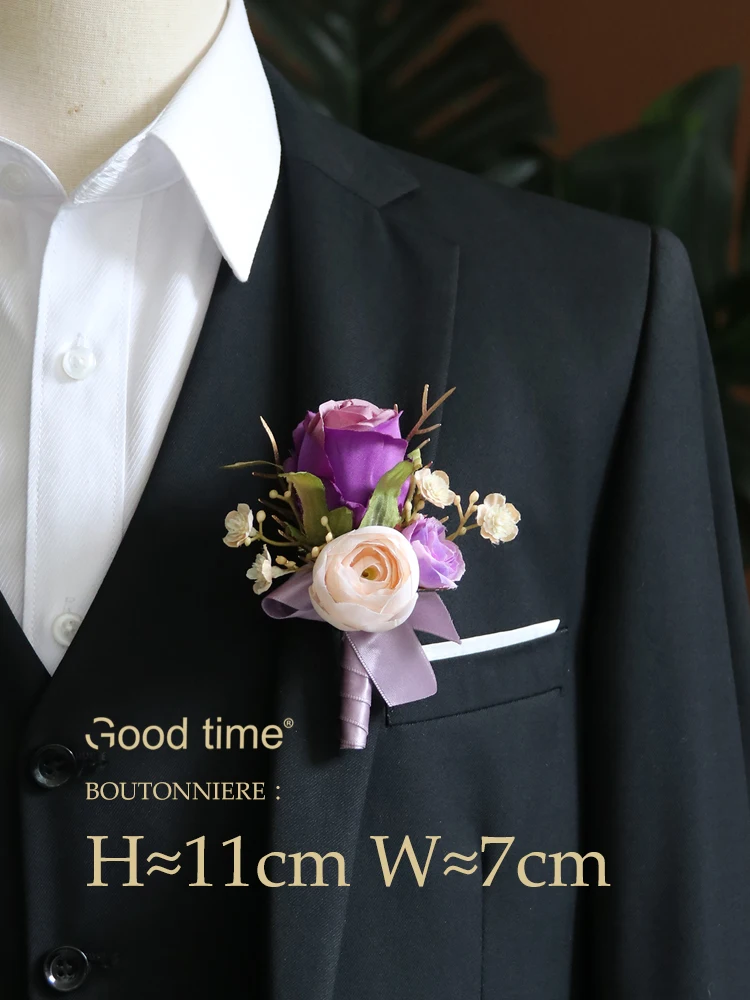 GT Silk Corsages Boutonnieres Wedding Decoration Marriage Rose Wrist Corsage Pin Boutonniere Flowers for Guests Purple