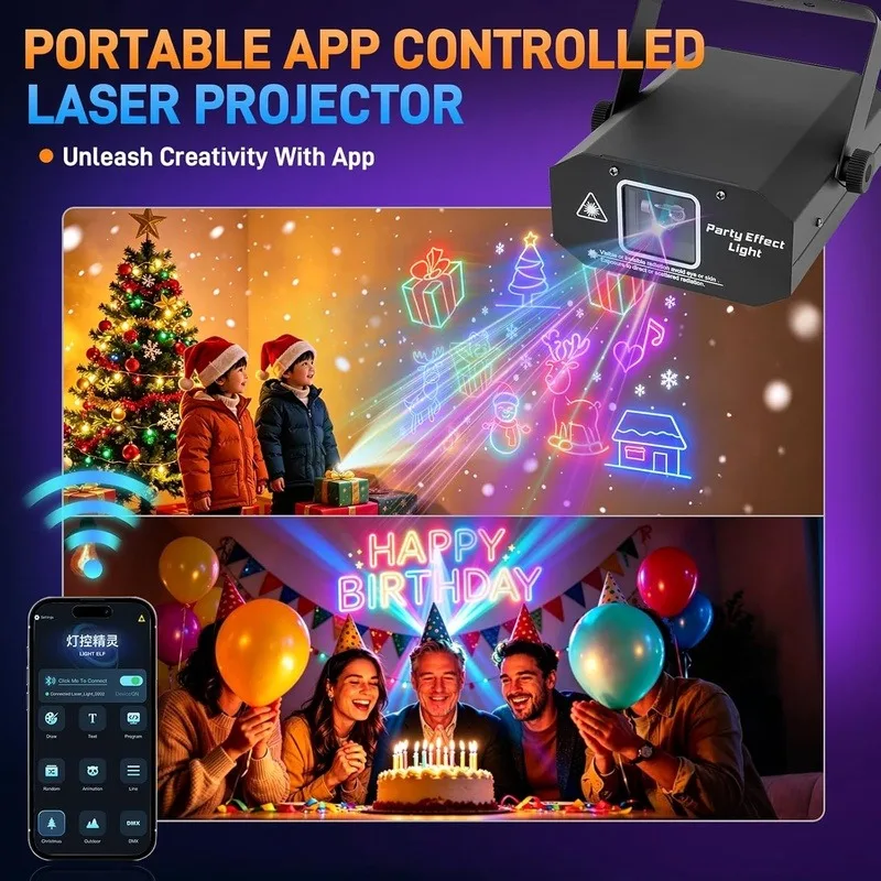 Portable App-Controlled Laser Projector with Custom Drawing, Text Playback, and Personalized Programming Functions, 3D Animated Laser Lights with Sound, Supports Active Dmx Mode, Suitable for Stage Dj Parties and Events