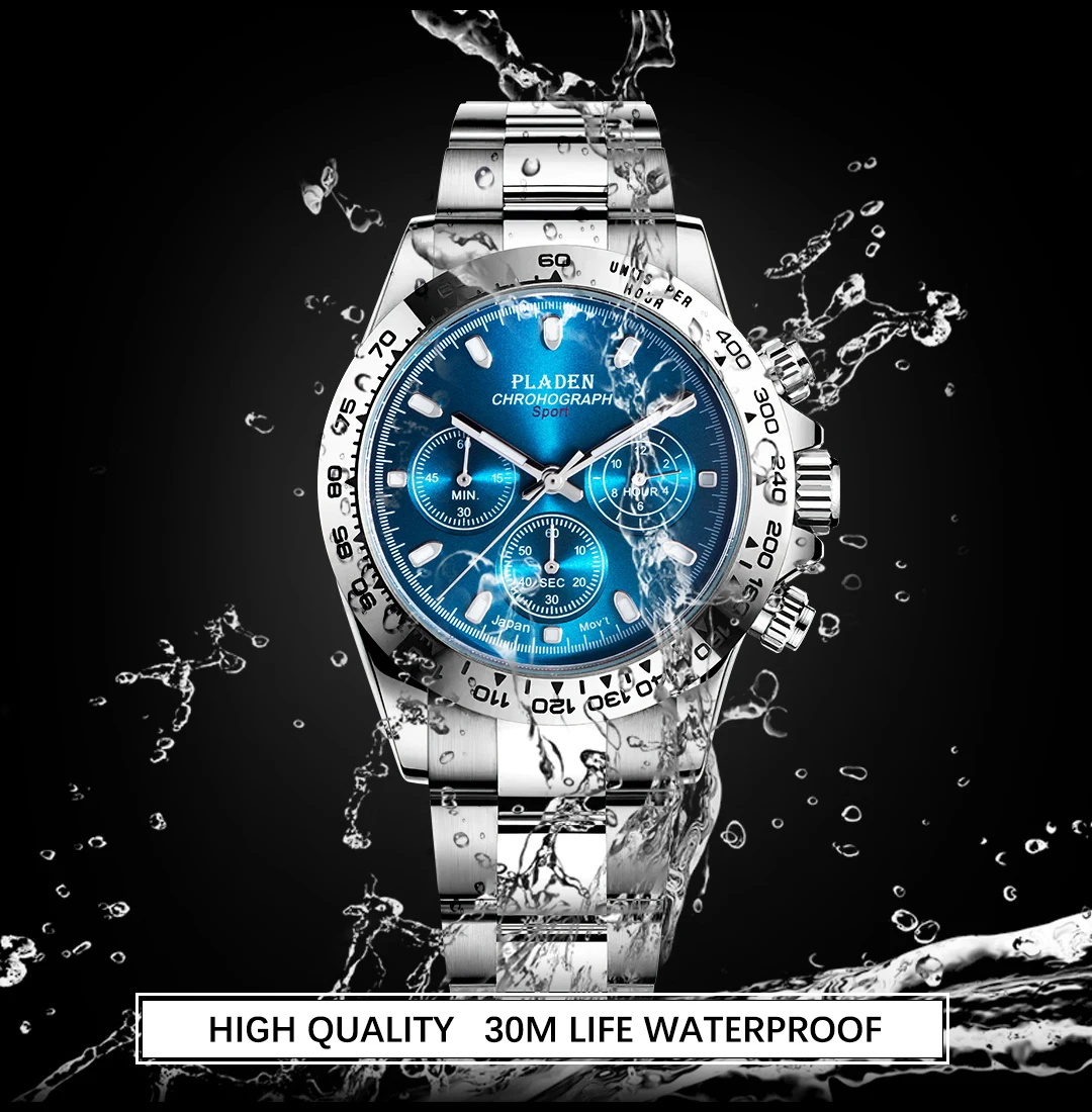 PLADEN Men Watches Luxury Full Stainless Steel Three Eye Male Quartz Wrist Watch Blue Dial Multifunctional Waterproof Mens Clock