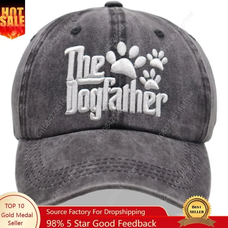 

The Dogfather Paw Hat, Best Dog Dad Hats, Father's Day Adjustable Washed Denim Baseball Cap for Men