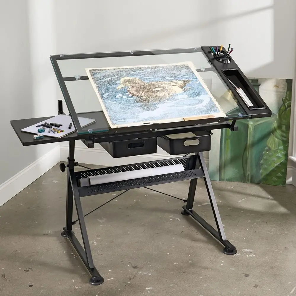 

Artistic Glass-Top Drafting Table for Creative Arts and Crafts - 1 Set