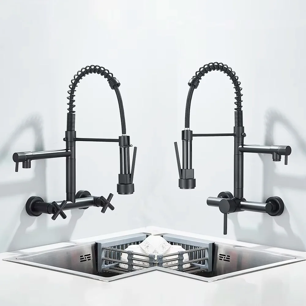 Black/Silver Wall Mounted Kitchen Faucet 360 degree Rotating Pull down Hand operated Sprinkler with Buckle Kitchen Hot and Cold
