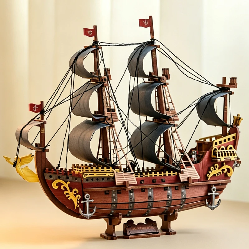 3D Wooden Puzzle Retro Style Minerva Pirate Ship The Goddnss Model Kits Build Home Desk Decoration Gift For Teens and Adults
