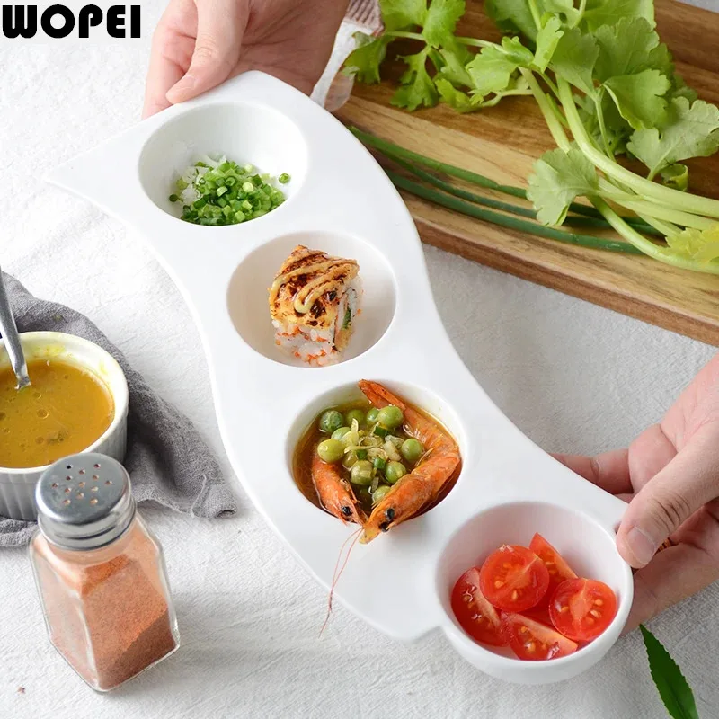 White Ceramic 4-Grid Bowl Creative Snack Bowl Dessert Multi Grid Bowl Seasoning Bowls Sushi Bowls Molecular Cuisine Tableware