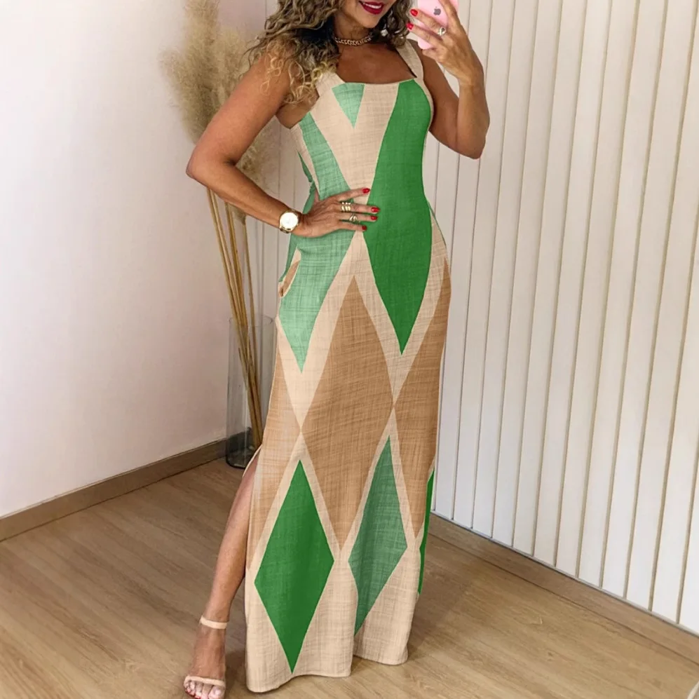 Slip Dresses Women Long Dress Patchwork Sleeveless Backless Sexy Split Maxi Gown 2025 Summer Vestidos Office Lady Sundress