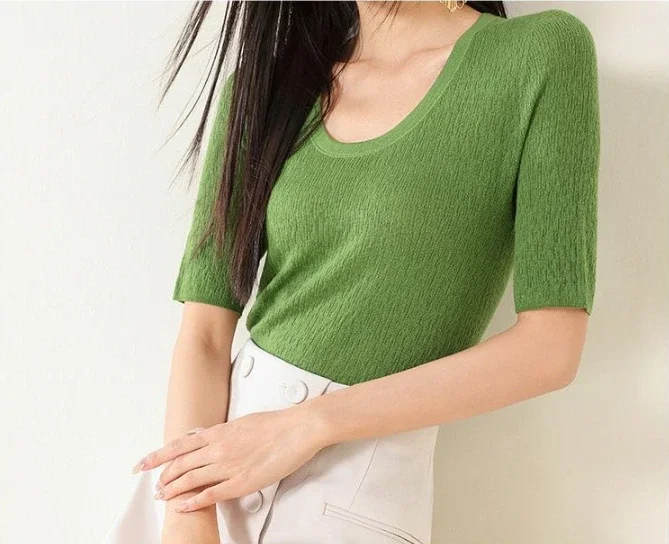 Women 100% Australia Wool Elegant Thin Seamless U-neck Knitted T-shirt, Half-leeved Casual Elastic Ladies' Spring T-shirt