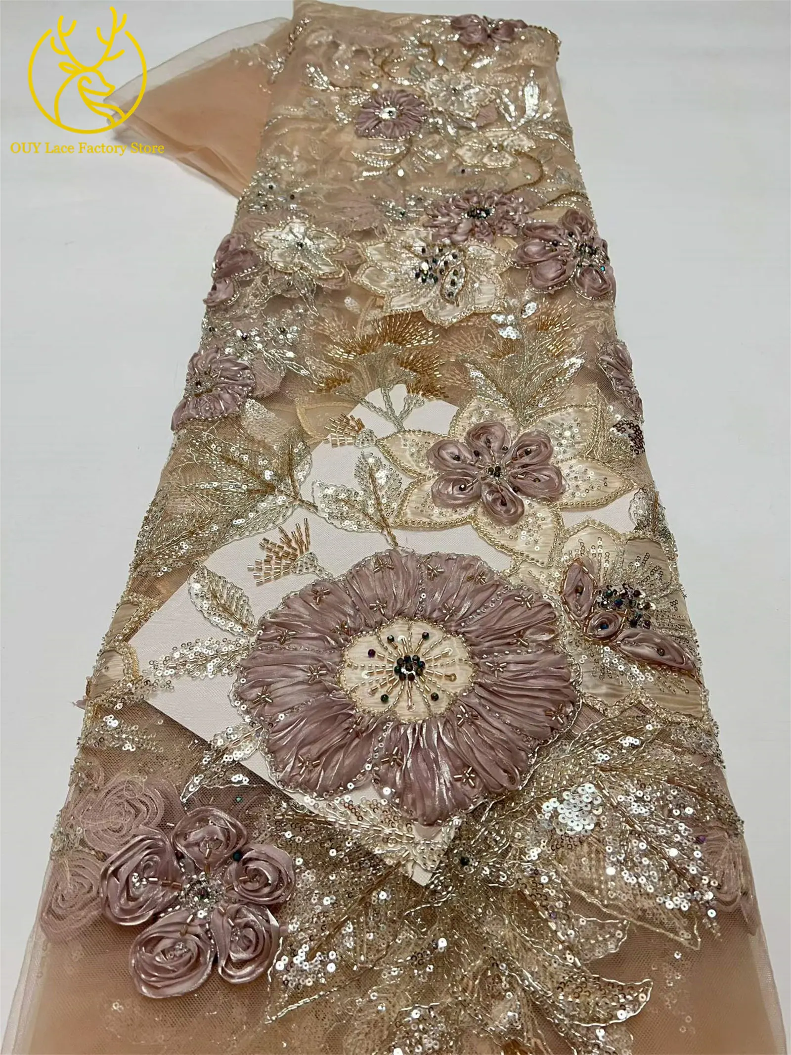Modische 3D-Blumenstickerei Pailletten Tüll-Mesh-Spitze 2026 Nigerianische Perlen-Mesh-Spitze für Braut-Hochzeitskleider und Partykleider zum Nähen – Detail 16