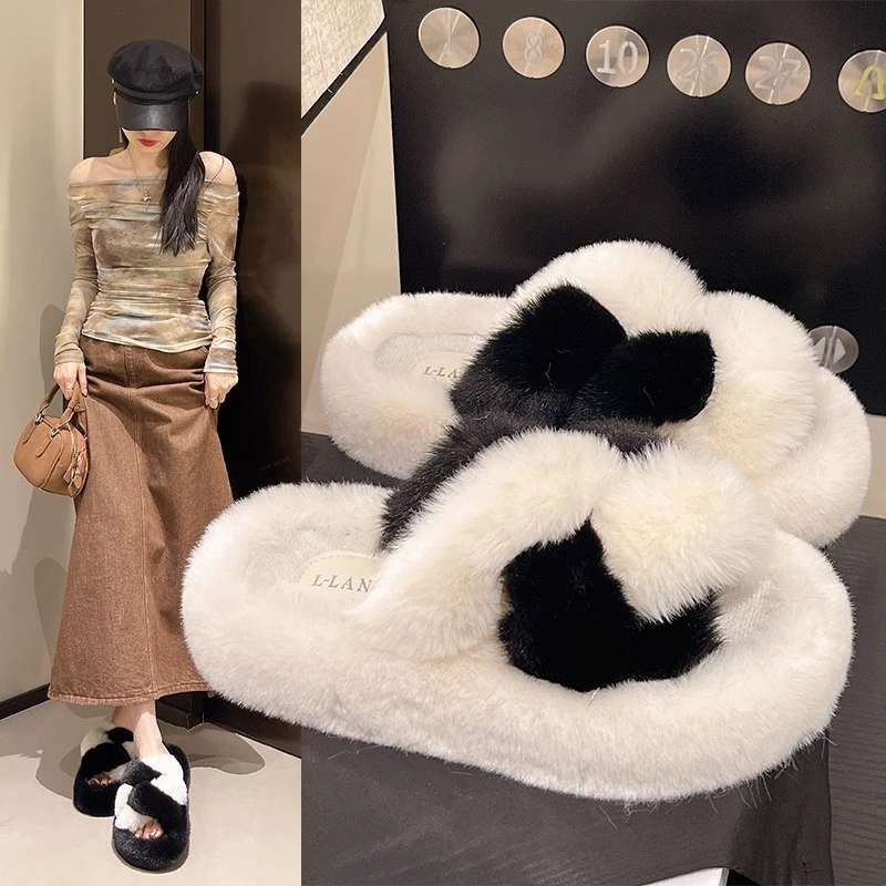 New Autumn/Winter Women Mixed Color Plush Fluffy Home Slippers Fashion Open-toe Non Slip Comfortable Thicken Warm Cotton Shoes