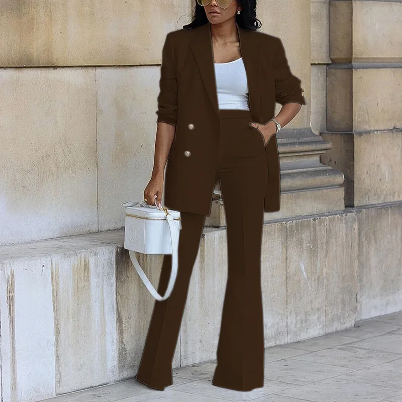 Double Breasted Elegant Women Long Sleeve Blazers with Pocket and Flare Pants Suit Matching Two 2 Piece Set Outfits