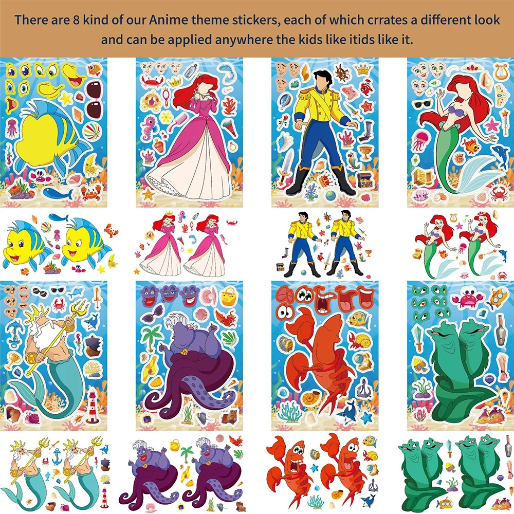 8/16 Vellen Disney De Kleine Zeemeermin Cartoon Puzzel Stickers Maken Een Gezicht Kinderen Diy Grappig Assembleren Puzzel Decals Kids Speelgoed Cadeau