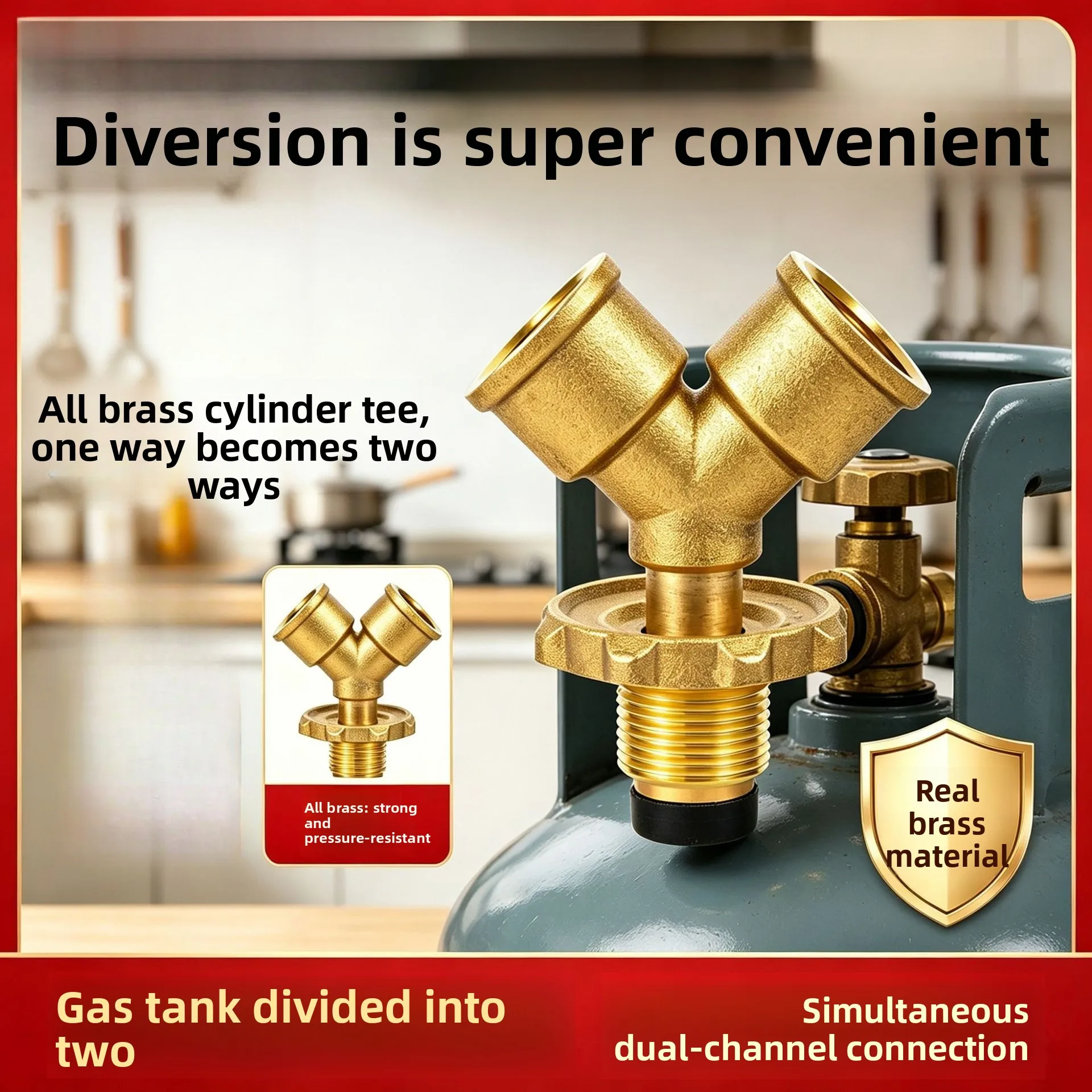 Cylinder Tee All Yellow Pure Copper Pressure Reducer, Two-way Liquefied Gas Tanks One in And Two Out 4 Taps