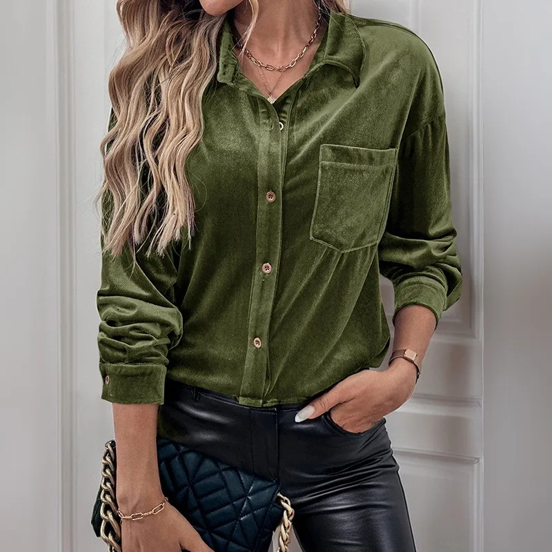 

Solid Color Lapel Lantern Sleeve Single Breasted Shirt Autumn Women's Clothing New Casual Long Sleeved Shirt Pockets Ropa Mujer
