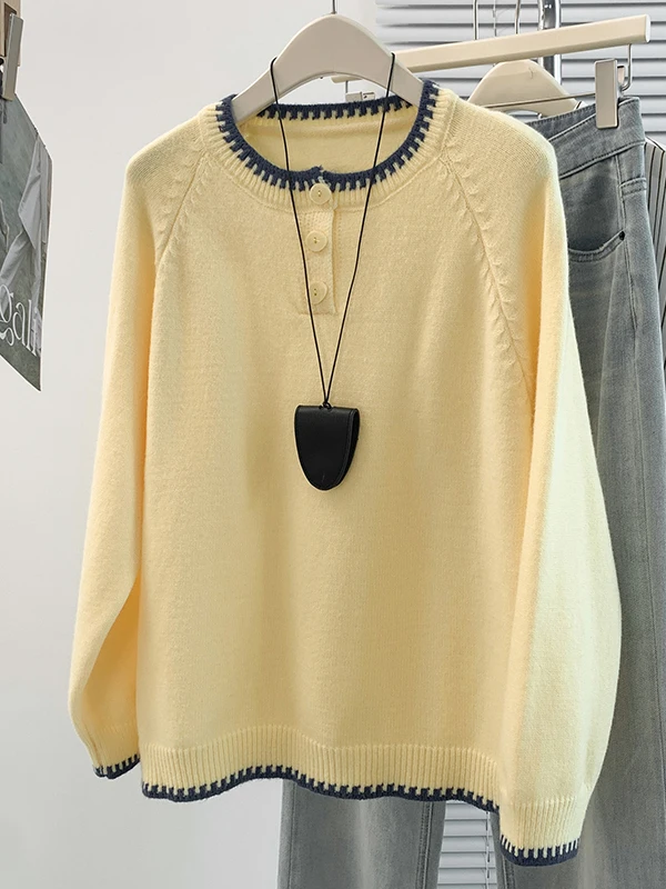 Authentic Autumn Winter Half Open Collar Sweater Jacket Korean Design Versatile Crew Neck Knitwear for Ladies Bright Thread