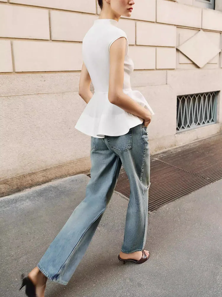 

New Summer Women's Sleeveless Semi-High Collar Patchwork Short Skirt Style Hem Top 20-50 Years Old Suitable 2026 Season