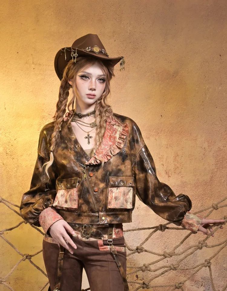 الملابس النسائية Y2k قصيرة سستة طويلة الأكمام سترة جلدية 2025 شتاء جديد اليابانية الشرير نمط تصميم رائع معطف جلد فو #4