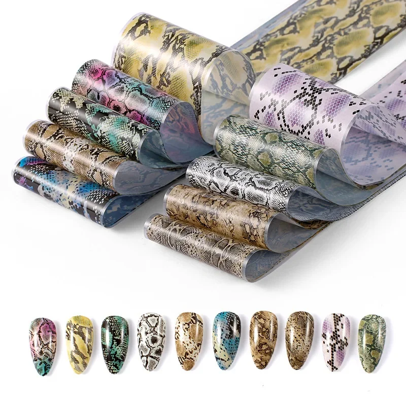 10pcs Wild Snake Print Nail Foil Leopard Animal Skin Transfer Starry Sky Sticker Tropical Style Nail Art Decor Decal 4*20cm