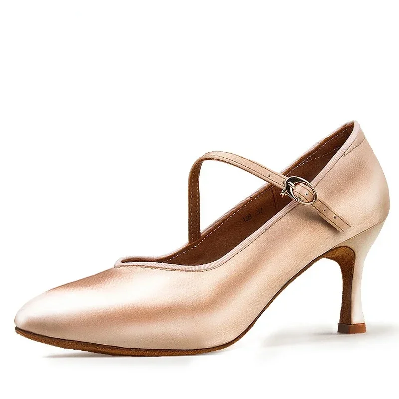 XIHAHA Standard Women Dance Shoes Tan Satin High Low Heel Ladies Ballroom Dancing Soft Outsole Modern Ballet Shoes High Heel - Image 6