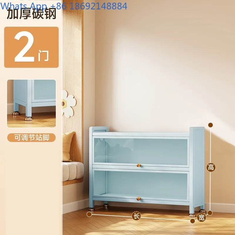 Estante de piso de aço com portas de vidro para sala de estar, armário de exibição à prova de poeira para estatuetas, armário de armazenamento de ferro