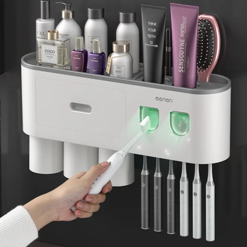 Automatic Toothpaste Dispenser Magnetic Adsorption Inverted Toothbrush Holder With Cup Toothpaste Bathroom Storage Rack Set
