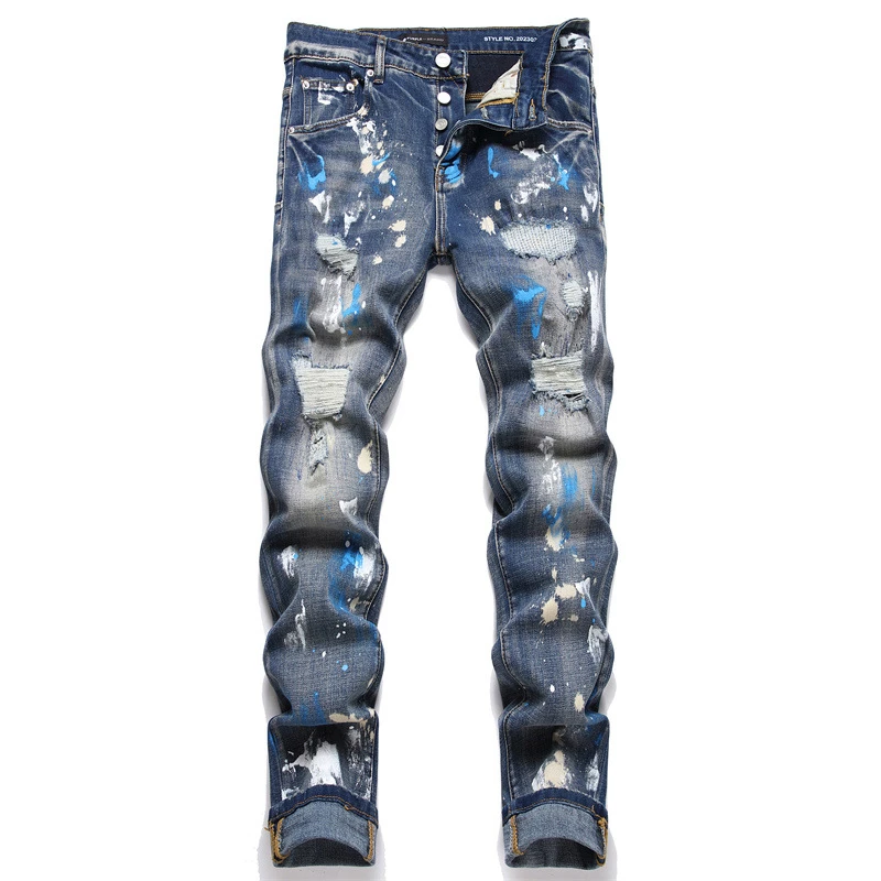 New Blue Ripped Patch Men's Jeans Mid-Waist Slim Stretch Ink-Jet Fashion Trend Small Feet Pants