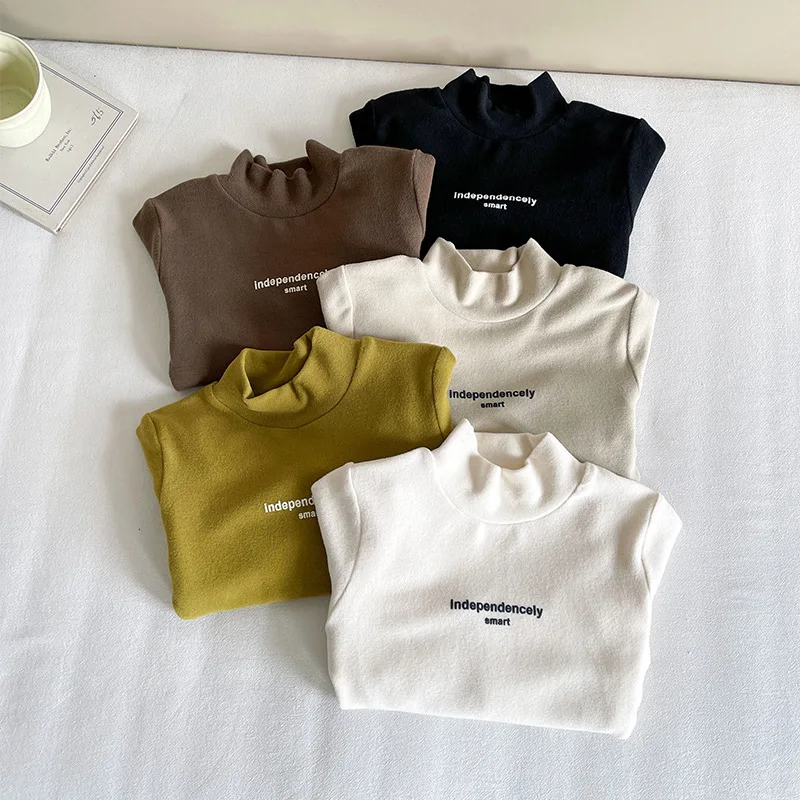 

Children's Clothing Daily T-shirts New Korean-style Mid-neck Casual Letter Graphic Simple Autumn Boys and Girls Base Layer Tops