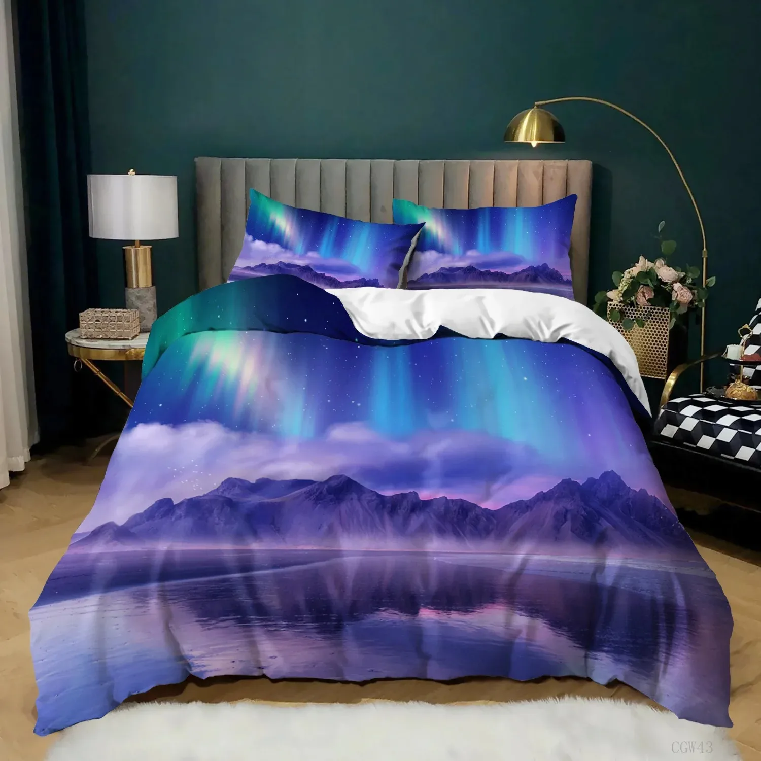 Aurora Borealis polyester Duvet Cover Set Tree Under Magnetic Field of Nature with Northern Lights Landscape Picture King Size