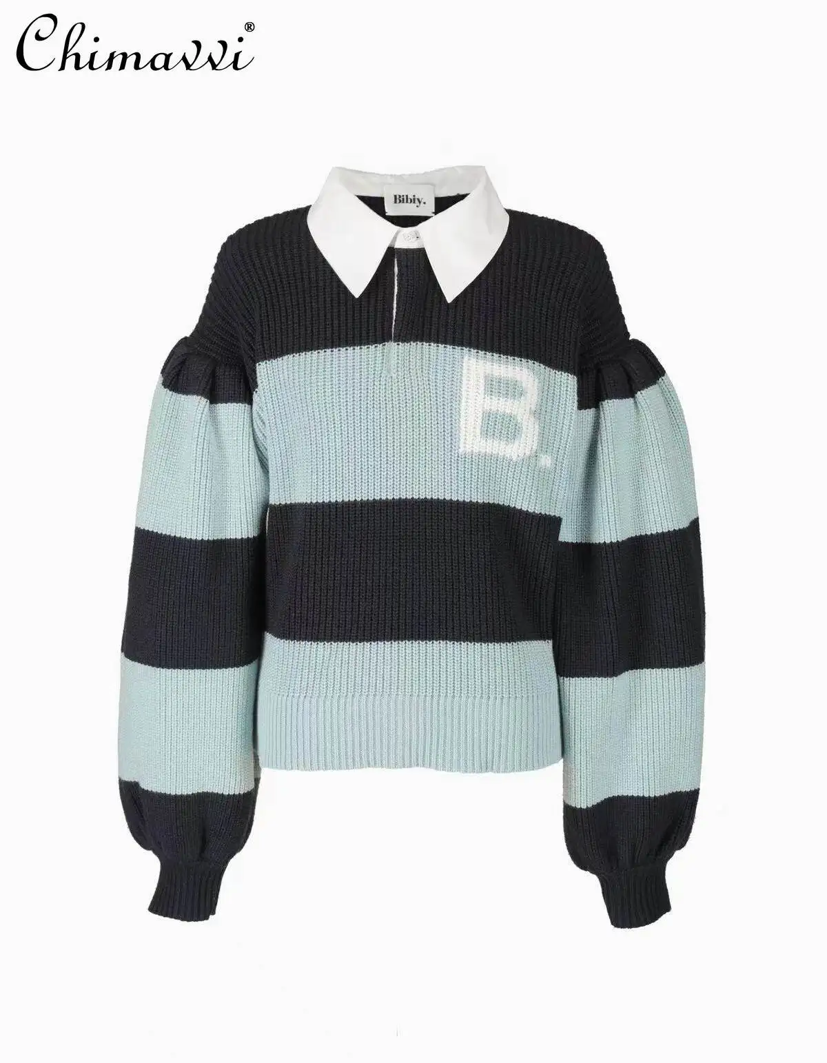 

Japanese Fashion B Letter Embroidered Knitted Striped Sweaters New Spring Women's Polo Collar Loose Casual Sweater Pullovers Top