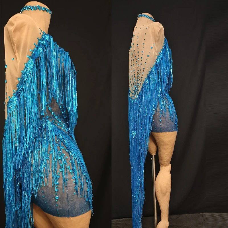 Azul completo franjas strass vestido feminino lantejoulas vestido de festa bar dj ds celebrar roupa palco trajes jazz club wear xs10788