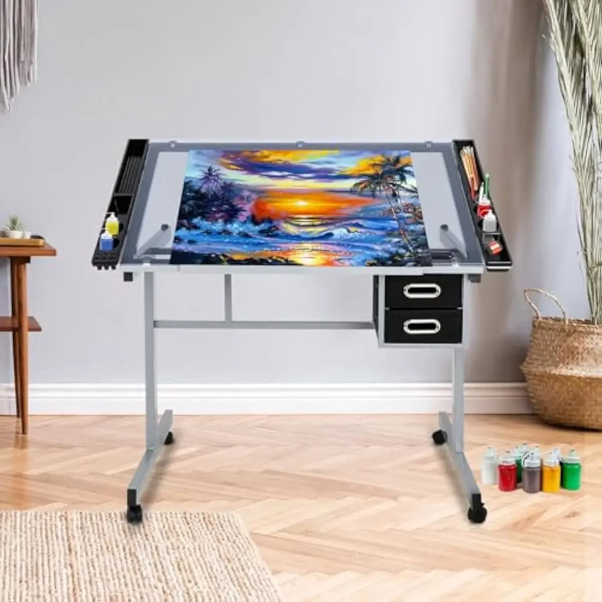 Adjustable Glass Drafting Desk with 0-60 Degree Tilt, Height Range 31.5-49.5 Inches, Alloy Steel Frame, Two Slide Drawers, Four view 2