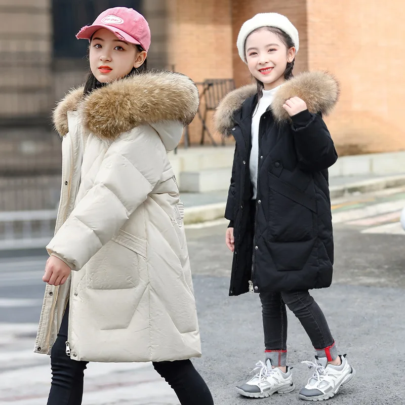 

Winter Girls Plain Detachable Fur Two-Way Zip Thick Long Puffer Jackets School Kids Hooded Down Coats Child Outfit Parka 5-14Yrs