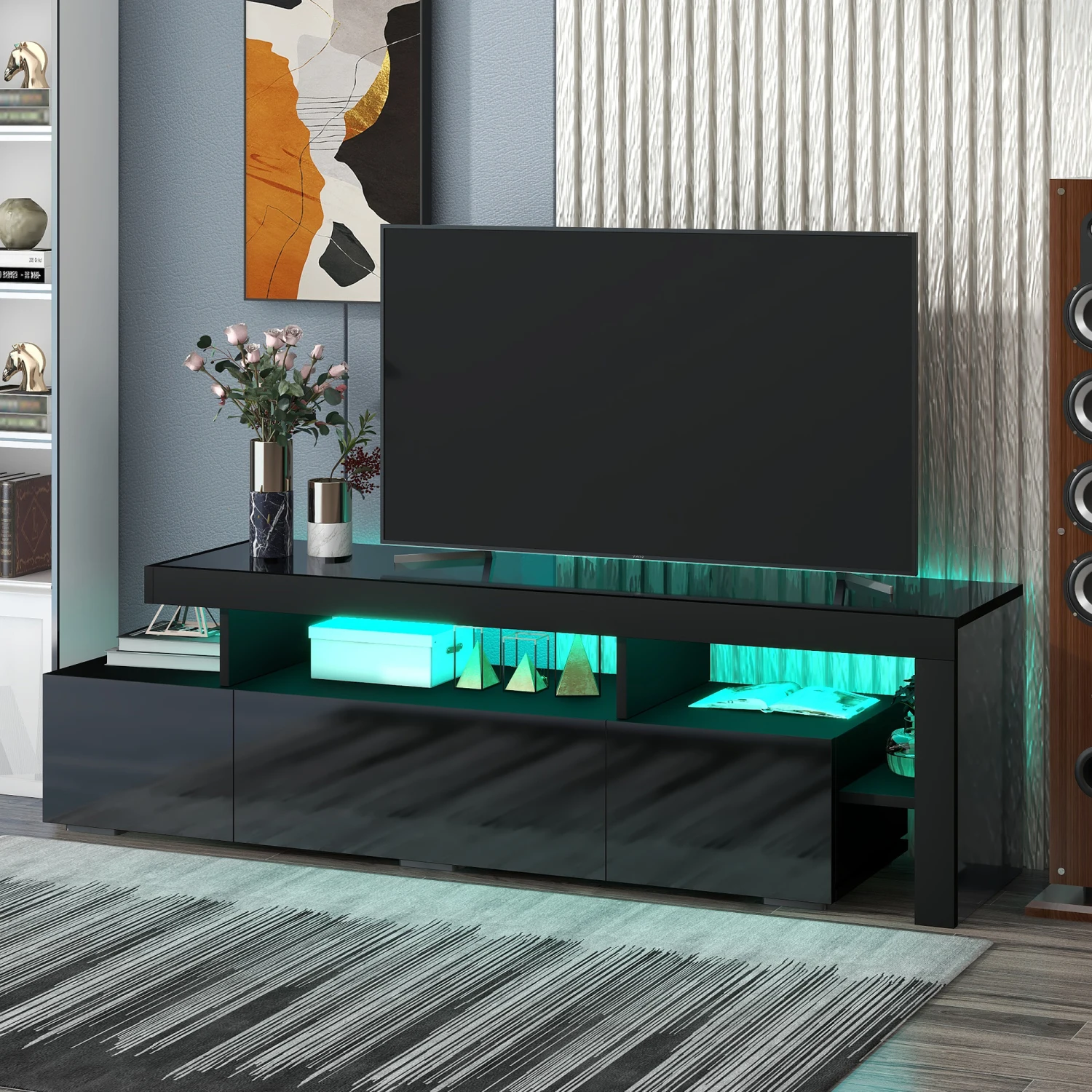 ON-TREND Modern Style 16-colored LED Lights TV Cabinet, UV High Gloss Surface Entertainment Center with DVD Shelf, Up to 70 inch