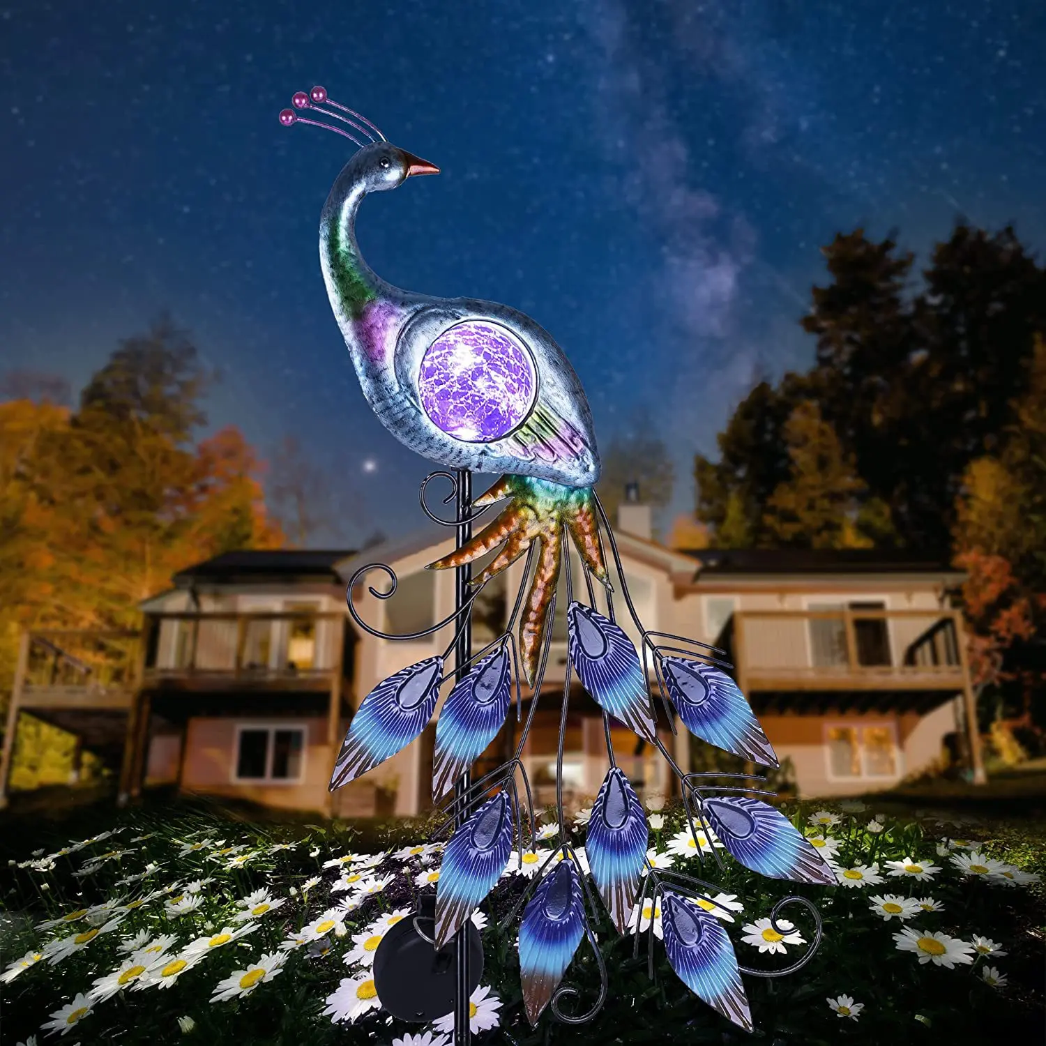 Solar peacock garden light metal garden with cracked glass ball outdoor light decoration post lawn