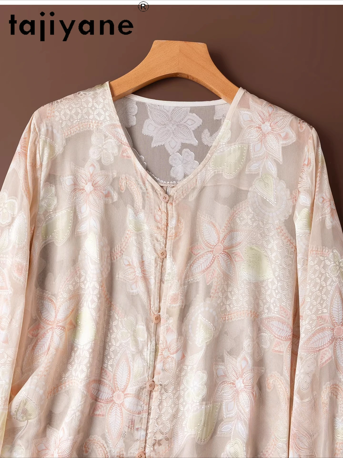 

TAJIYANE 100% Mulberry Silk Blouse Pink V-neck Shirts Women Semi Transparent Spring Long Sleeve Tops for Woman Clothes 2026 топ