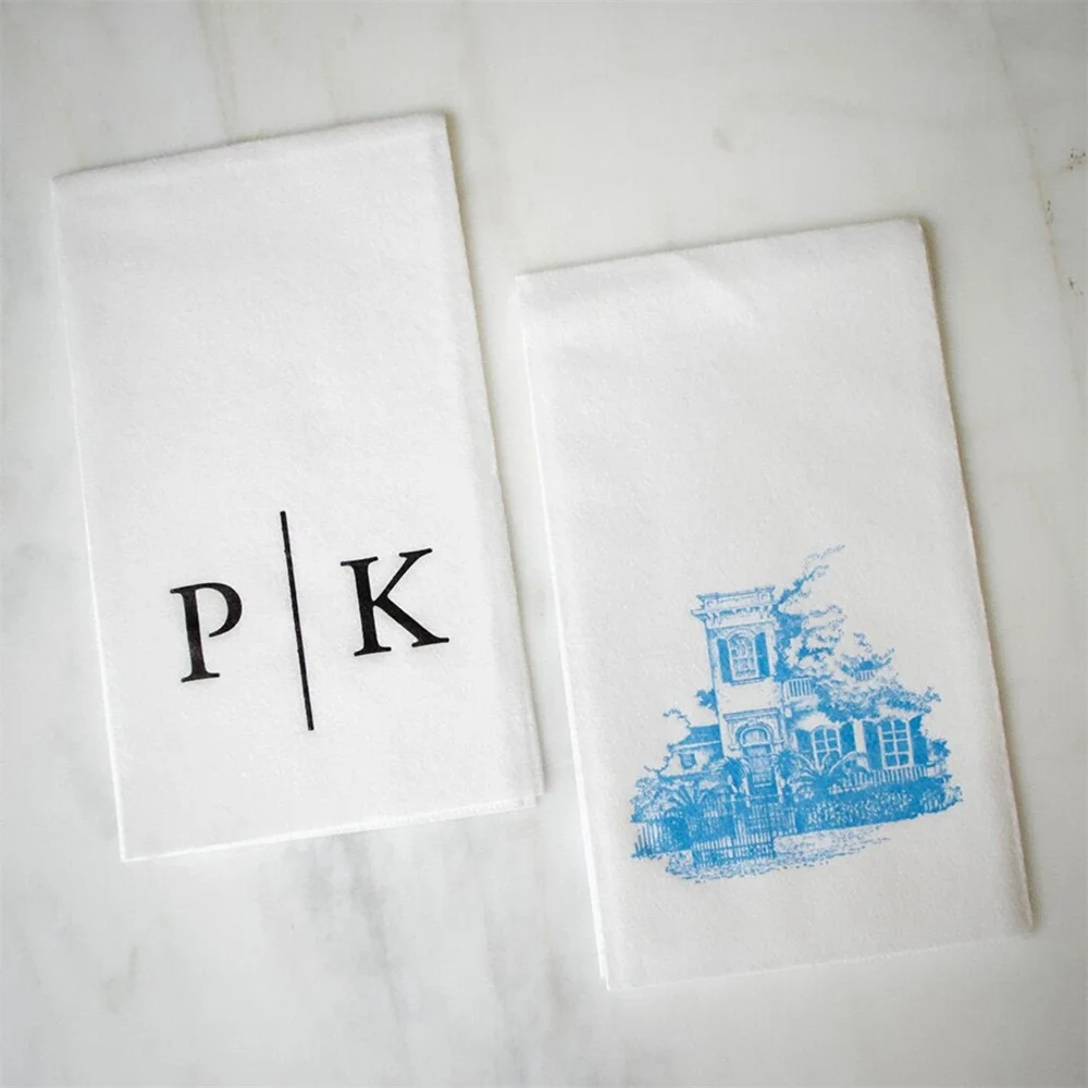 

Guest Bathroom Hand Towels, White Linen-Like Guest Towels, Modern Interlocking Wedding Monogram, Custom Hostess Gifts, Rehearsal