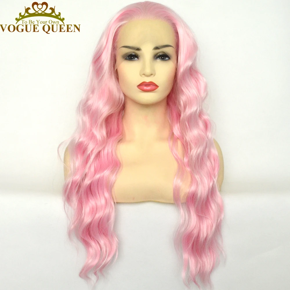 Voguequeen-Perruque Synthétique Bouclée Rose Clair pour Femme, Dentelle Frontale, Degré de Chaleur, Fibre, Ligne de Cheveux Naturelle, At