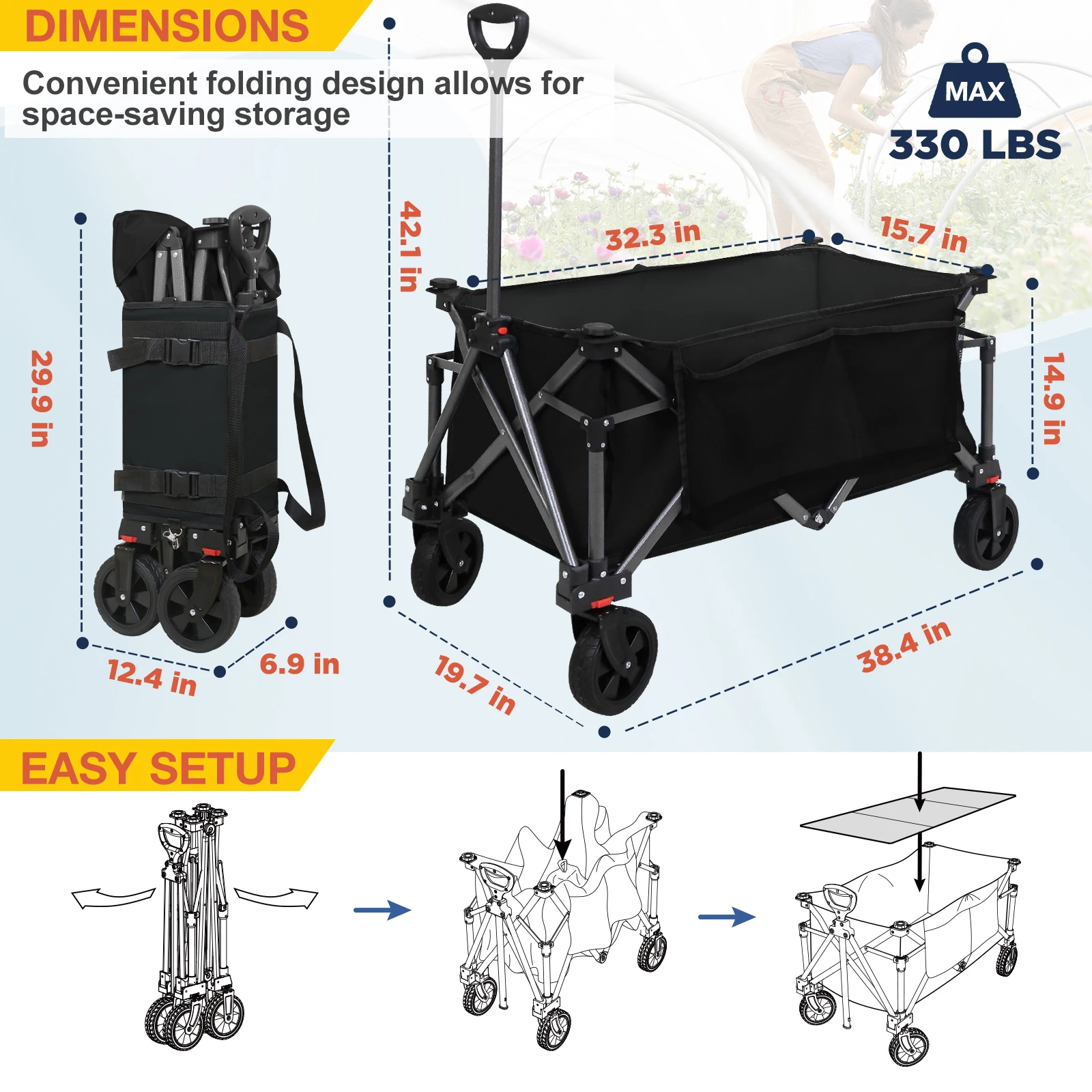 Heavy-Duty Folding Collapsible Utility Wagon with Large Side Pockets and Cup Holders, All Terrain Garden Cart for Sports, Garden, Camping, Beach, and Grocery