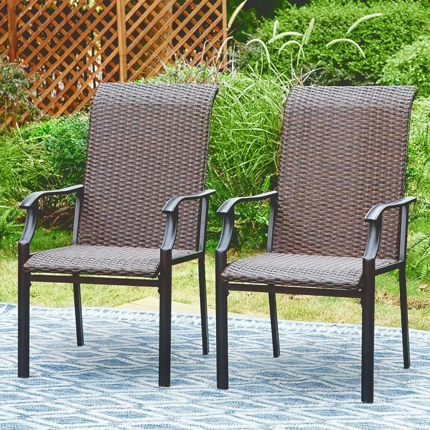 Outdoor Rattan Dining Chairs Set of 2, Extra Large High Back Wicker Armchairs with Steel Frame