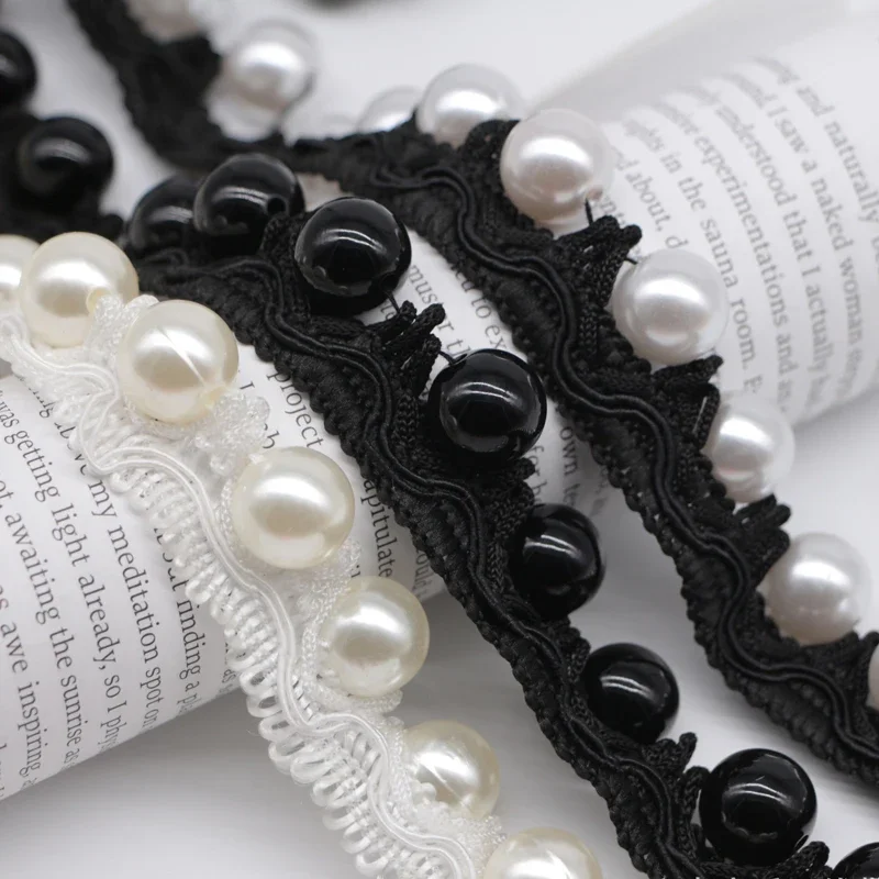 1Yard Big Pearl Beaded Lace Trims  Hademade Fabric Lace Ribbon Tape Weding Dress Collar Headdress Lace Applique DIY Crafts