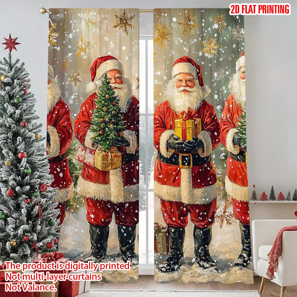 

2pcs 2D flat printing Merry Christmas Window Curtains Vintage Santa Claus 100% Polyester Without Electricity Spring Use for