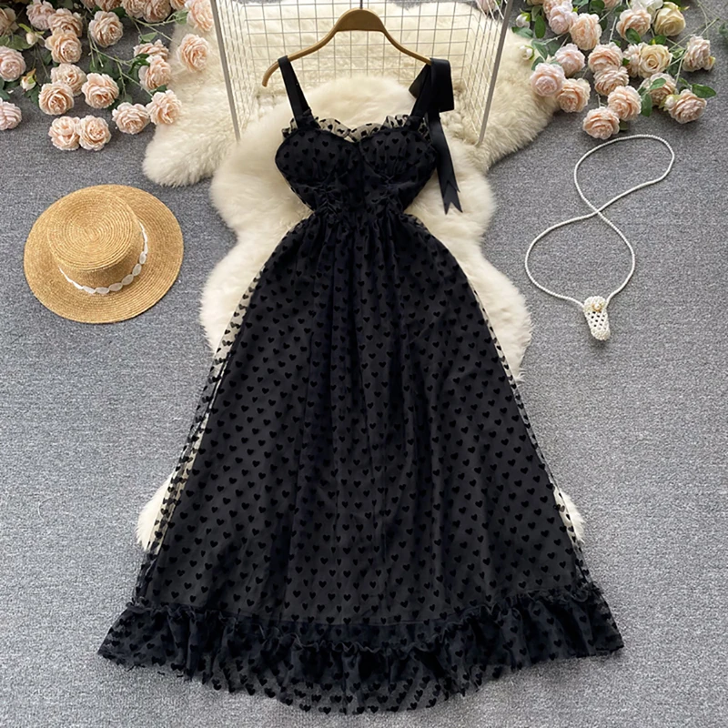 French Hepburn Style Dress Summer Women's Temperament Tulle A-line Party Dress Fashion Off-shoulder Mid-length Suspenders Dress